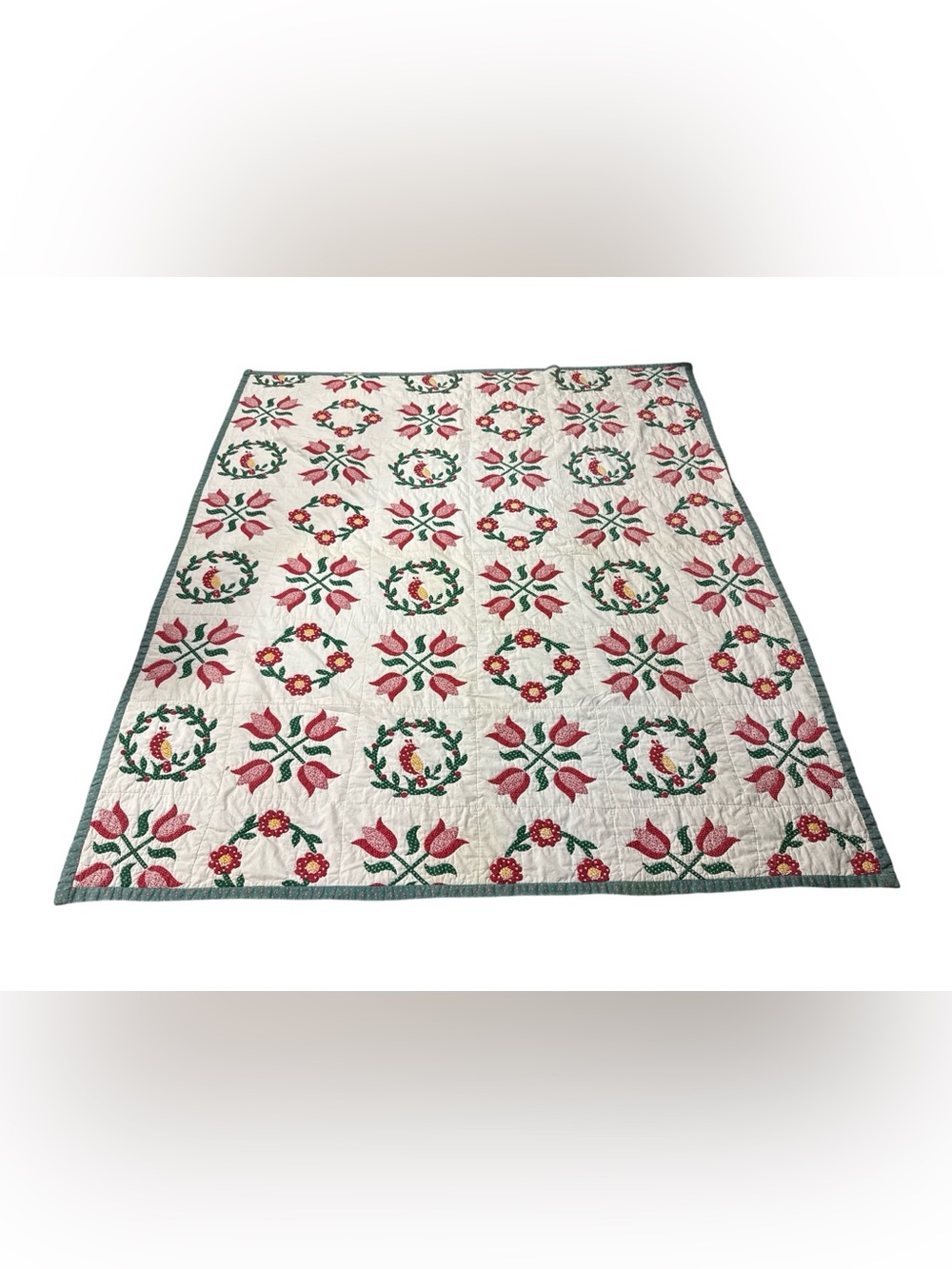 Vintage Handmade Appliqué Folk Art Quilt Tulips Birds Floral Wreath Full Queen